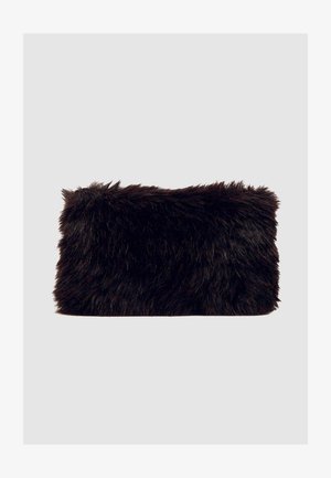 Black faux fur clutch bag with a soft, plush texture. Rectangular shape with a clean, simple design and no visible hardware accents.