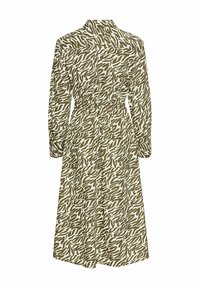 Beige jurk met lange mouwen en een bruin abstract patroon, met een kraaghals en een elastische taille voor een gathered effect.