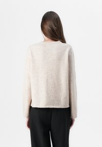 Beige gebreide trui met een ronde hals, relaxte pasvorm en lange mouwen. Zachte textuur, afgewerkte zoom en een licht cropped lengte.