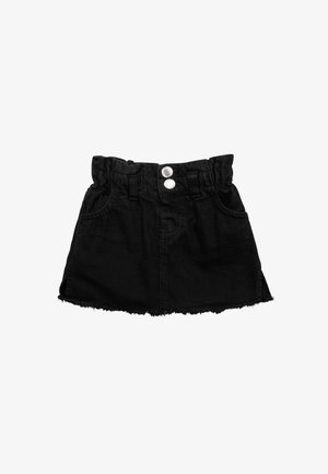 Fustă din denim negru cu tiv desfăcut, talie elastică și două nasturi argintii în față. Prezintă buzunare frontale și un design simplu.