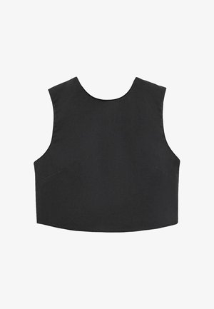 Top negru scurt, cu guler rotund, design fără mâneci și finisaj fără cusături. Materialul pare neted, fără modele sau accente vizibile.
