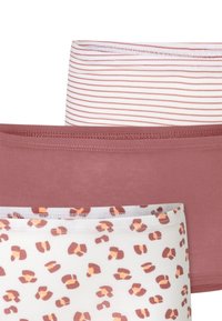 Three stretch cotton bralettes: one solid maroon, one red and white striped, and one white with a brown and orange animal print pattern.