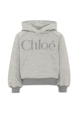 Jasnoszara bluza z kapturem z przednią kieszenią, ściągaczami na rękawach i na dole oraz z dużym napisem "Chloé" na piersi.