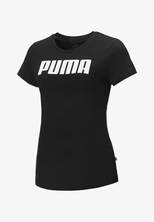 Zwart aansluitend T-shirt met korte mouwen, ronde hals en opvallend wit "PUMA" logo op de borst.