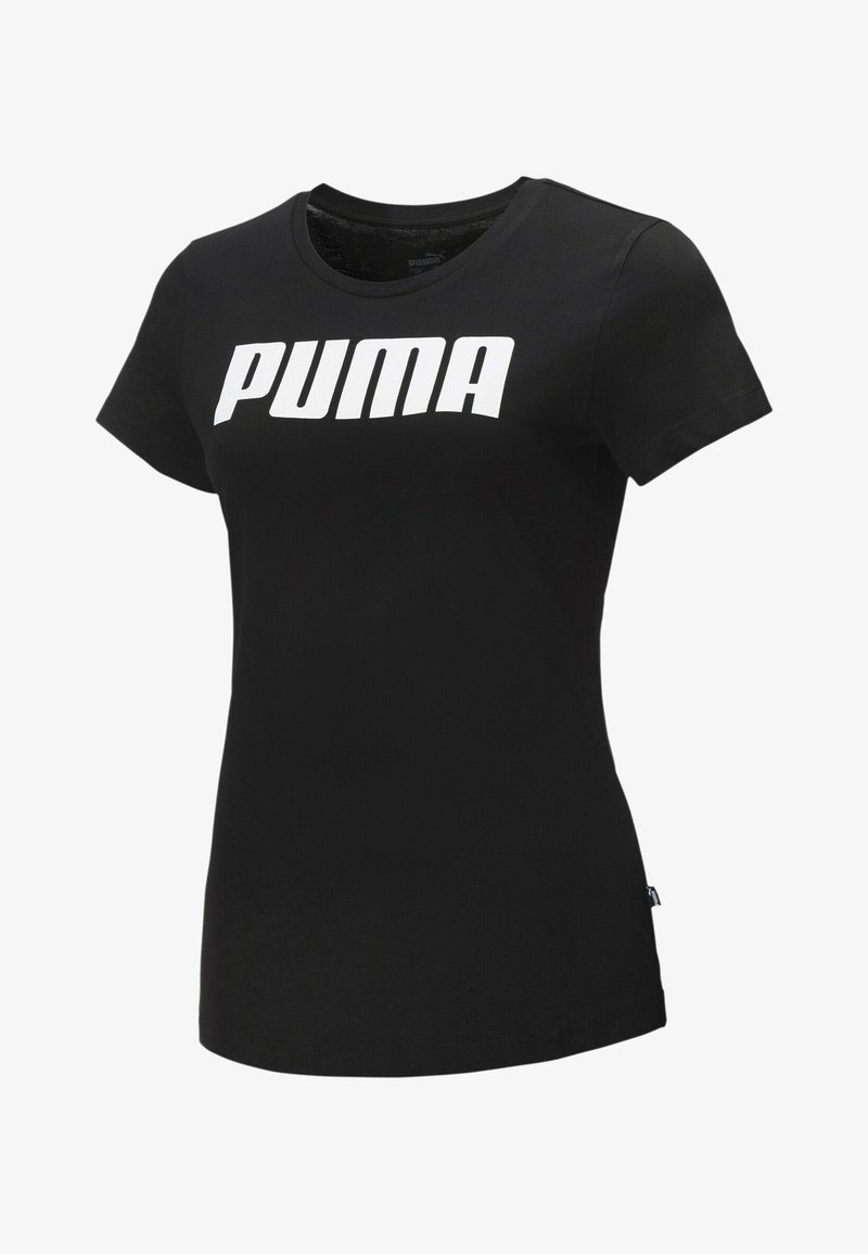T-shirt noir ajusté à manches courtes avec col rond et logo blanc audacieux "PUMA" sur la poitrine.