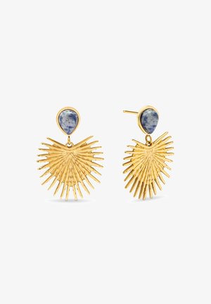 Boucles d'oreilles dorées avec un design de soleil texturé, comportant des piques allongées et une pierre en forme de goutte bleue au sommet.