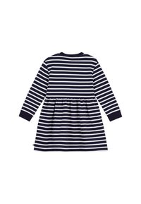 Gestreiftes Kleid in Marineblau und Weiß, mit langen Ärmeln, rundem Ausschnitt und gerafftem Bund. Hergestellt aus weichem Stoff mit glatter Textur.