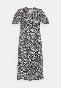 Vestido midi preto com estampado de leopardo branco, mangas curtas bufantes, decote em V e detalhe de botão na frente. Tecido leve com um design fluido.