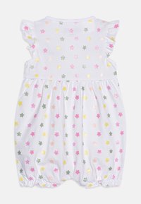 Biały bawełniany kombinezon z pastelowymi wzorami gwiazdek i kwiatów. Posiada falbaniaste rękawy oraz elastyczny pas i otwory na nogi dla wygody.