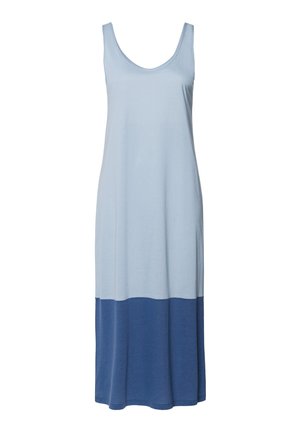 Dlouhá maxi šaty bez rukávů s světle modrou tkaninou a tmavším modrým lemem. Hladká textura, kulatý výstřih a volný střih.