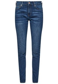 Slim-fit blå denimjeans med frontknapp och dragkedja, femficksstil och subtila blekningsdetaljer på låren och knäna.