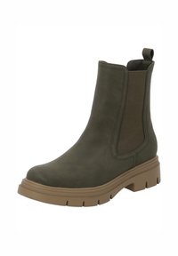 Bota Chelsea de ante verde con paneles laterales elásticos y talón reforzado. Suela gruesa de goma marrón con profundas ranuras de tracción.