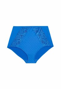 Hochtaillierte blaue Unterwäsche mit einem Spitzenpaneel, gepunkteter Textur und glattem Bund; entworfen für Komfort und Unterstützung.