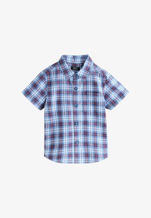 Lühikeste varrukatega nööbitav särk sinises, valges ja punases ruudulises mustris koos vasaku rinnataskuga.