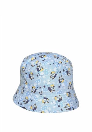 Light blue bucket hat with repeating cartoon dog characters wearing yellow caps and white shirts, set against blue heart shapes.