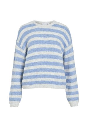 Blå og hvide stribet sweater, lavet af blødt, fluffy materiale. Har rund halsudskæring og lange ærmer med ribstrikkede manchetter.