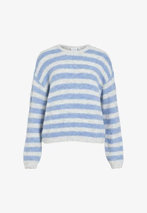 Suéter a rayas azules y blancas, hecho de un material suave y esponjoso. Cuenta con un escote redondeado y mangas largas con puños acanalados.