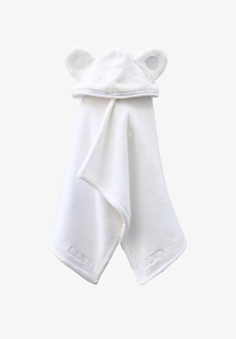 Balta su gaubtu rankšluostis su lokiuko ausytėmis, pagamintas iš švelnaus ir sugertino audinio. Pabrėžti apvalūs ausų akcentai ir tekstūruotas paviršius. Išsiuvinėtas prekės ženklas.