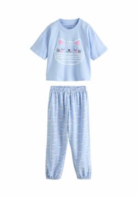 Set di pigiama azzurro chiaro in cotone composto da una maglietta a maniche corte con grafica di gatto e pantaloni con motivo ripetuto di gatti. Vita elasticizzata.
