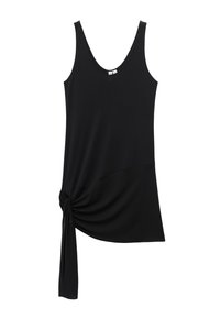 Débardeur noir sans manches avec encolure dégagée et détail nœud en tissu en bas à gauche.