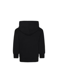 Felpa nera con cappuccio ampio, polsini a coste e orlo a coste. Il materiale sembra morbido, di un colore uniforme e senza motivi visibili.