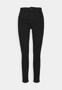 Zwarte denim skinny jeans met een hoge taille, vijf zakken en knoopsluiting. Soepele textuur en taps toelopende benen.