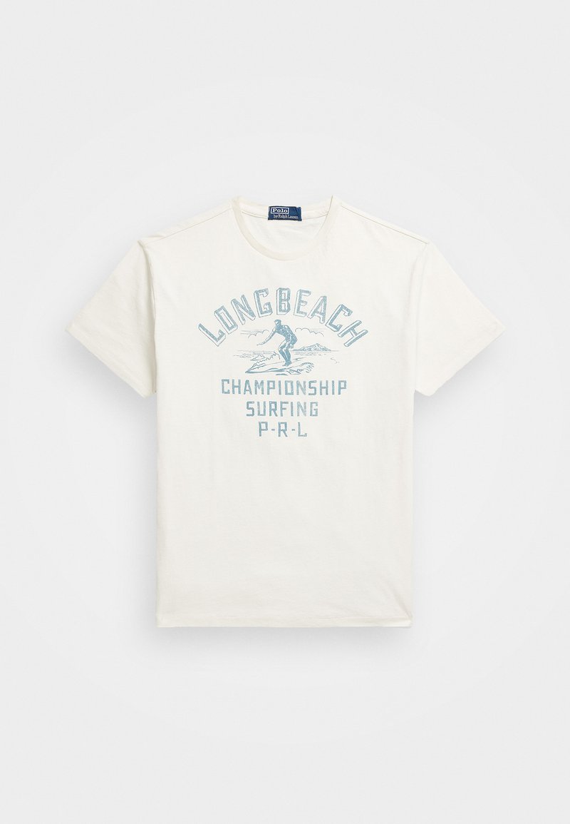 Cremfarbendes Baumwoll-T-Shirt mit einem blauen Grafikdruck eines Surfers und dem Text "LONGBEACH CHAMPIONSHIP SURFING P-R-L" im Vintage-Stil.