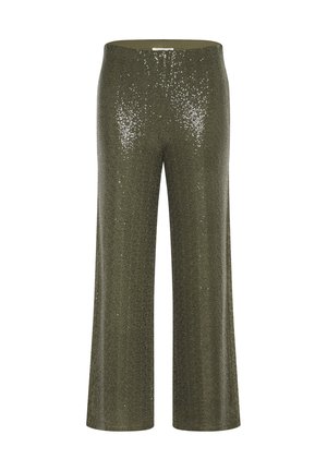 Pantaloni a paillettes verde oliva con design a gamba larga, dotati di una cintura elastica e una texture liscia che cattura la luce.