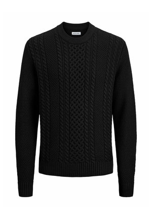 Zwarte kabelgebreide sweater met lange mouwen, geribbelde boorden en zoom, voorzien van gevarieerde breipatronen aan de voorkant en een ronde halslijn.