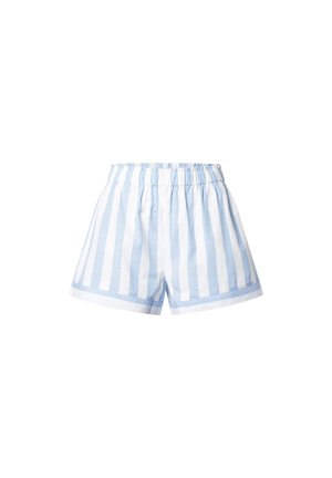 Hellblaue und weiße gestreifte Shorts mit einem elastischen Bund, ausgestattet mit einem umgeschlagenen Saum und aus weichem Baumwollmaterial.