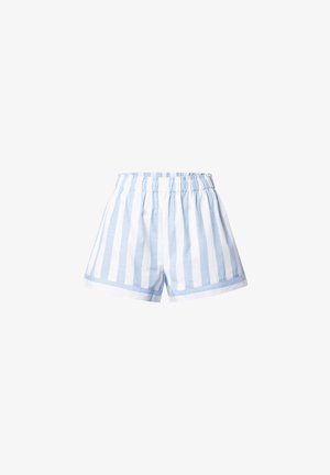 Light blue and white striped shorts with an elastic waistband, featuring a folded hem and soft cotton material.