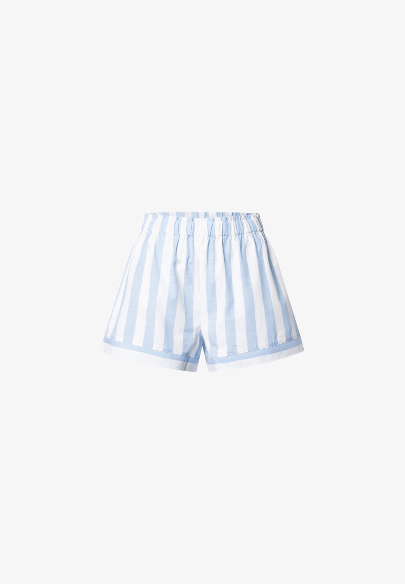 Light blue and white striped shorts with an elastic waistband, featuring a folded hem and soft cotton material.