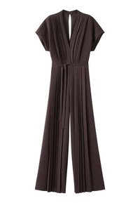 Ciemnobrązowy plisowany kombinezon z krótkimi rękawami, głębokim dekoltem w kształcie litery V, paskiem w talii i szerokimi nogawkami. Gładka faktura i dopasowany gorset.