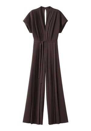 Donkerbruin geplooid jumpsuit met korte mouwen, diepe V-hals, ceintuur in de taille en wijde pijpen. Soepele textuur en een nauwsluitend bovenlijf.
