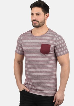Maroon and gray striped t-shirt with a round neck and short sleeves, featuring a solid maroon pocket on the left chest. Cotton blend fabric.