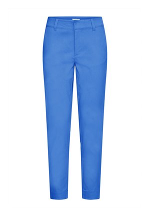 Világoskék, egyedileg szabott nadrág övhurkokkal, elülső cipzárral és egyenes szárú szabással, fehér háttéren bemutatva.