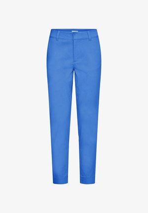 Világoskék, egyedileg szabott nadrág övhurkokkal, elülső cipzárral és egyenes szárú szabással, fehér háttéren bemutatva.