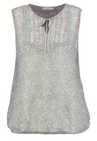 Blusa sin mangas en tejido verde claro con estampado floral. Presenta un escote fruncido, cierre de lazo y un ribete de encaje en el cuello y el borde.