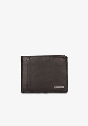 Portafoglio in pelle nera con finitura strutturata, design a doppia piega e una tasca esterna per carte. Presenta una discreta targhetta con il logo sulla parte anteriore.