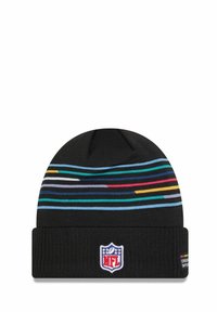 Berretto di lana nera con strisce orizzontali multicolori e patch del logo NFL sul risvolto. Tessuto testurizzato e vestibilità aderente per il calore.
