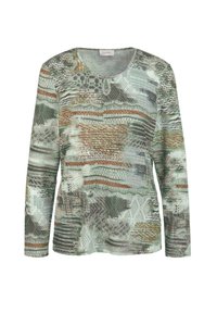 Dames top met lange mouwen, voorzien van een groen, beige en bruin abstract textuurpatroon en een klein sleutelgatdetail bij de ronde halslijn.