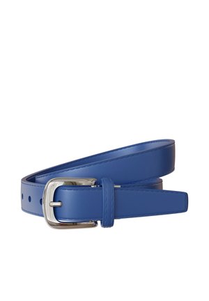 Blue leather belt with silver rectangular buckle on white background, coiled with visible stitching along edges.