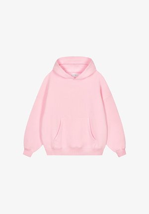 Ružová mikina s kapucňou vyrobená z mäkkej látky. Má predné vrecko, rebrované manžety a lem. Jednoduchý dizajn bez viditeľných vzorov alebo akcentov.