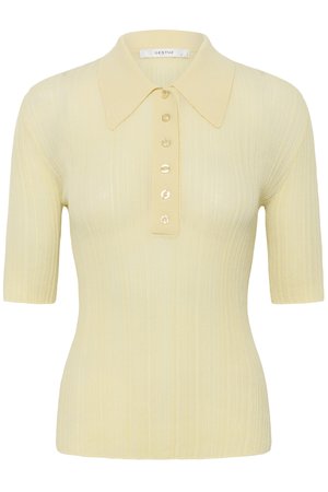 Ανοιχτό κίτρινο ριμπ κοντομάνικο πόλο πουκάμισο με έξι κουμπιά μπροστά και μυτερό γιακά.