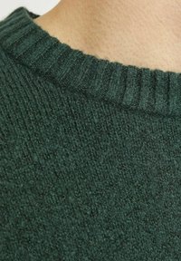 Ciemnozielony sweter z dzianiny z prążkowanym okrągłym dekoltem, z teksturowanym wzorem i miękkim, puszystym materiałem.