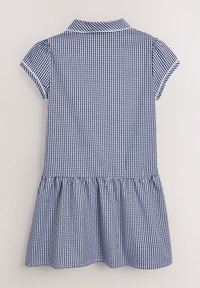 Blå och vit rutmönstrad klänning med korta ärmar och krage, med en samlad volangkant och slät tygtextur.