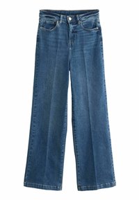 Jean en denim bleu à jambes larges, avec une taille haute, cinq poches et une fermeture à boutons. Le tissu a une texture lisse avec une finition délavée.