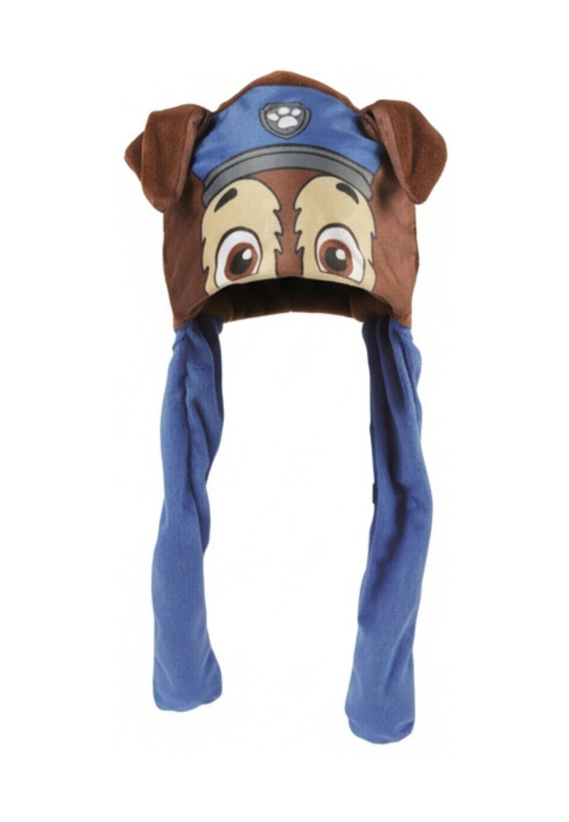 Chapeau en polaire bleu et marron avec des oreilles et un visage de chien. Comprend de longues bavettes bleues. Texture douce, thème de personnage ludique et détails cousus.