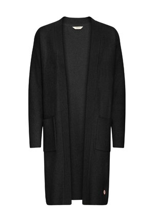 Cardigan long noir en matériau doux, avec un devant ouvert, deux poches avant et un petit accent de logo près de l'ourlet.