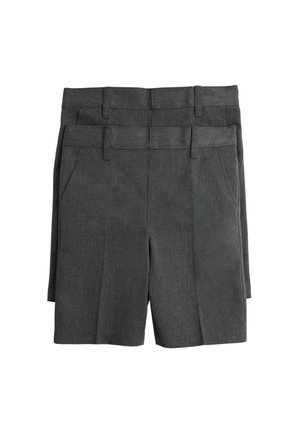 Dos pares de pantalones cortos de color gris oscuro hasta la rodilla con trabillas para el cinturón y bolsillos delanteros, apilados con uno ligeramente detrás del otro.